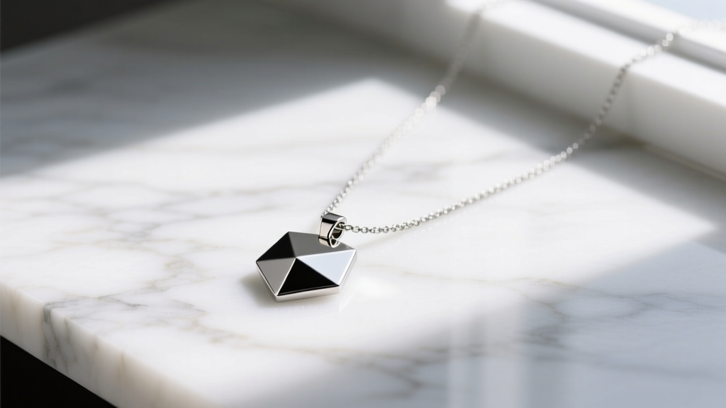 Close-up of a minimalist ASTM F136 titanium teen necklace with a geometric pendant, resting on a clean white marble surface.