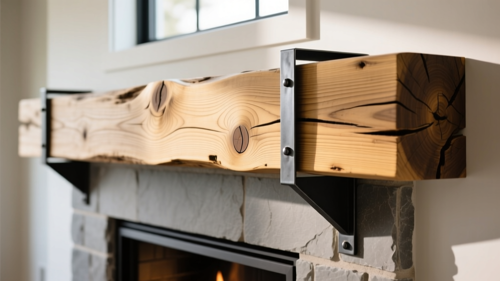 Close-up of a massive reclaimed white oak fireplace mantel beam with steel brackets mounted above a modern masonry firebox surround