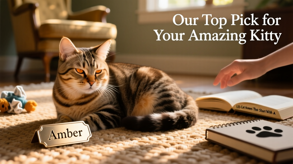 A senior tabby cat blinking slowly in golden-hour light, curled beside a small engraved name tag reading 'Amber'
