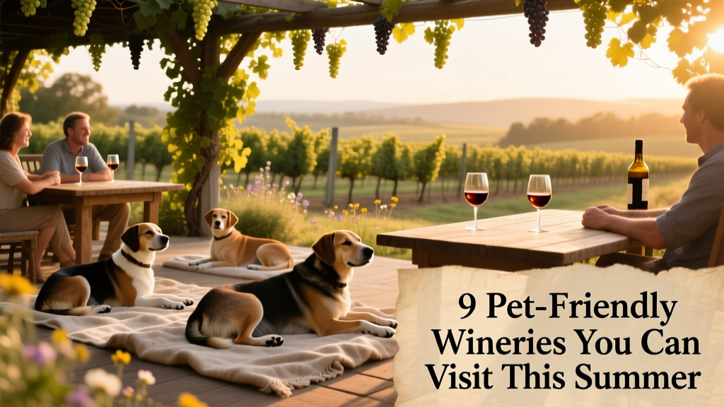 A wide shot of a vineyard patio with several dogs resting on blankets beside their owners, with wine glasses and vine-covered trellises in the background