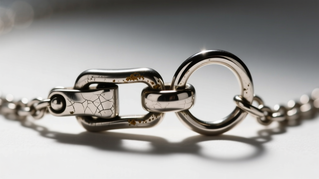 Magnified view of a worn stainless steel necklace clasp and jump ring showing micro-scratches and oxidation near the link joint.