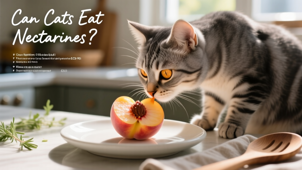 Close-up of a cat gently sniffing a small piece of peeled, pitted nectarine placed on a clean plate