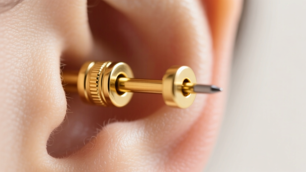 Macro shot of a La Pousette locking earring back securing a two-millimeter cylindrical gold pencil earring post on a soft earlobe.