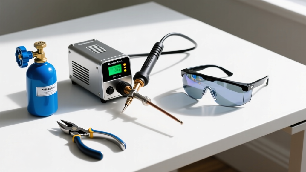 Flat lay of a micro-welding kit featuring a pulse arc welder, small argon tank, flush cutters, and safety glasses on a white desk.