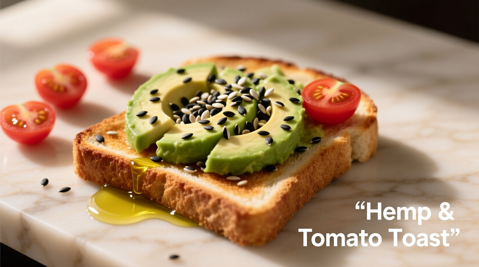 Hemp seeds sprinkled on avocado toast with cherry tomatoes