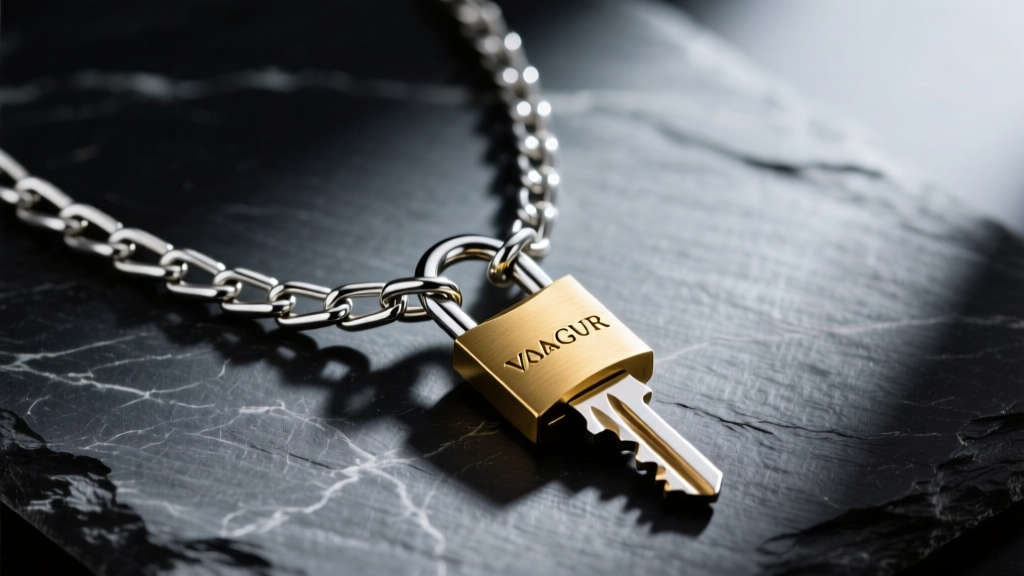Close-up of a 3mm titanium mariner chain necklace holding a small machined brass padlock key, resting on a dark slate surface