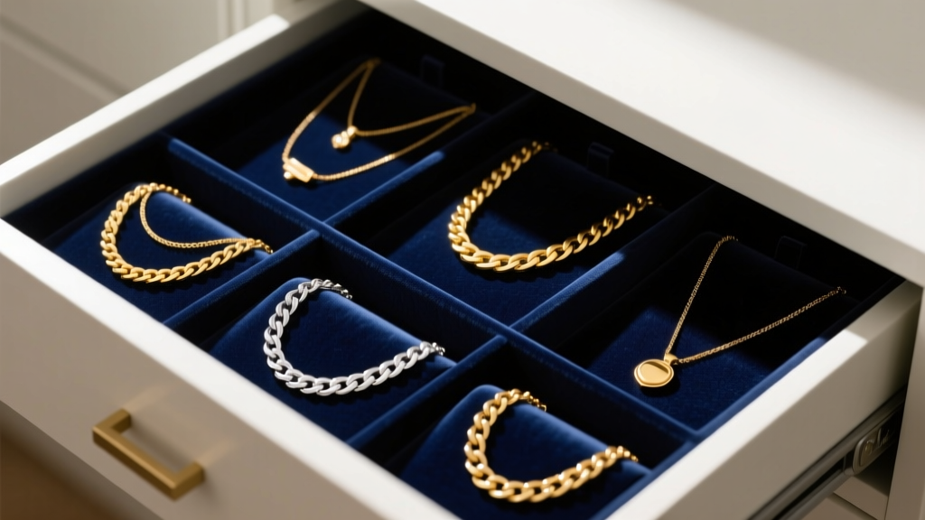 Open jewelry drawer organized by metal tone, displaying layered 14k yellow gold and platinum chain necklaces on dark blue velvet.