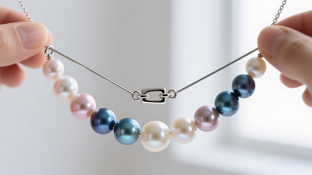 Close-up of a multi color pearl necklace being strung on steel wire with a sterling silver clasp and protective French wire ends