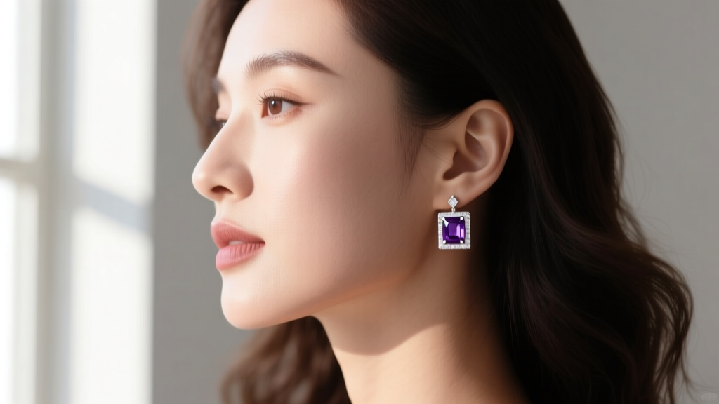 Side profile of a woman wearing square drop amethyst earrings in white gold, soft natural window light highlighting her jawline.