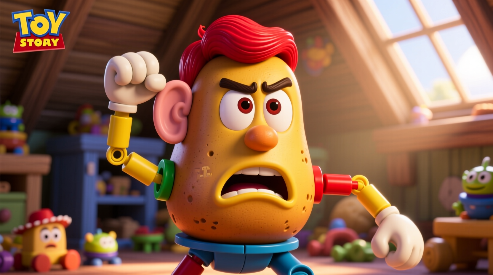 Mr Potato Head character holding his ear in Toy Story 4