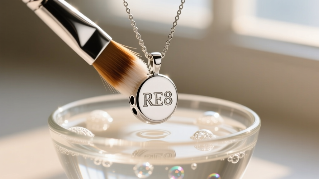 A soft brush gently cleaning the dual holes of a silver RE8 necklace pendant submerged in a small glass bowl of warm soapy water