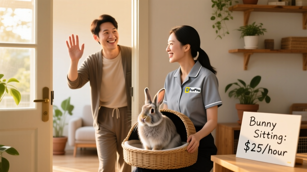A smiling pet parent waving goodbye to their rabbit as a FurPetVo sitter gives a reassuring nod