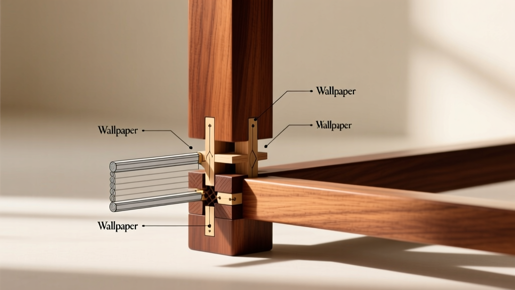 Exploded technical diagram showing a blind mortise and tenon joint connecting a mahogany jewelry box leg to the bottom rail