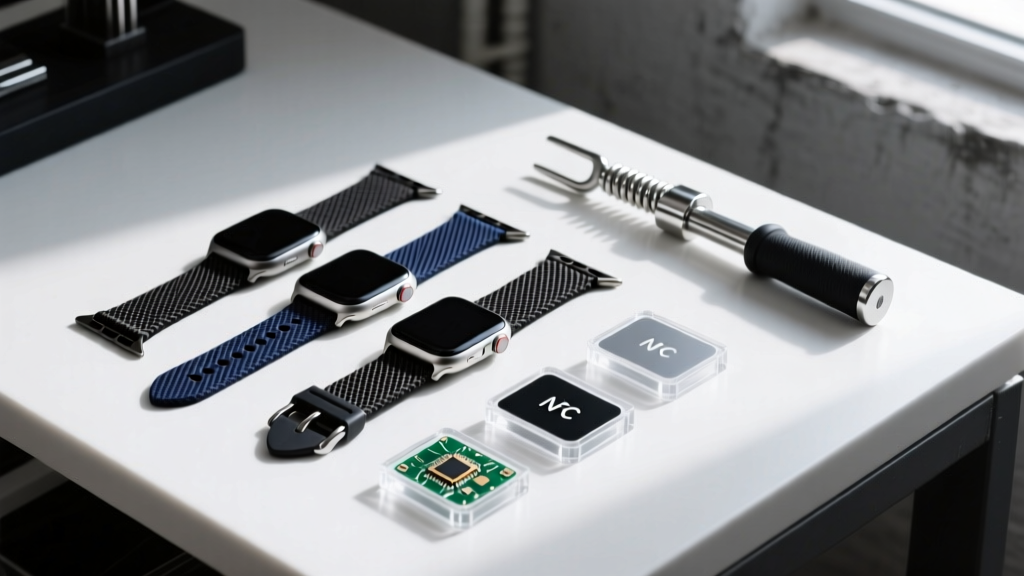 Overhead shot of a workbench featuring aramid fiber watch bands, spring bar tools, and modular NFC wearable accessories.