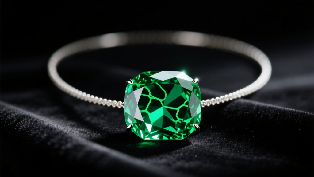 Emerald necklace on dark velvet, lit by soft studio light showing natural green jardin inclusions within the faceted gemstone.