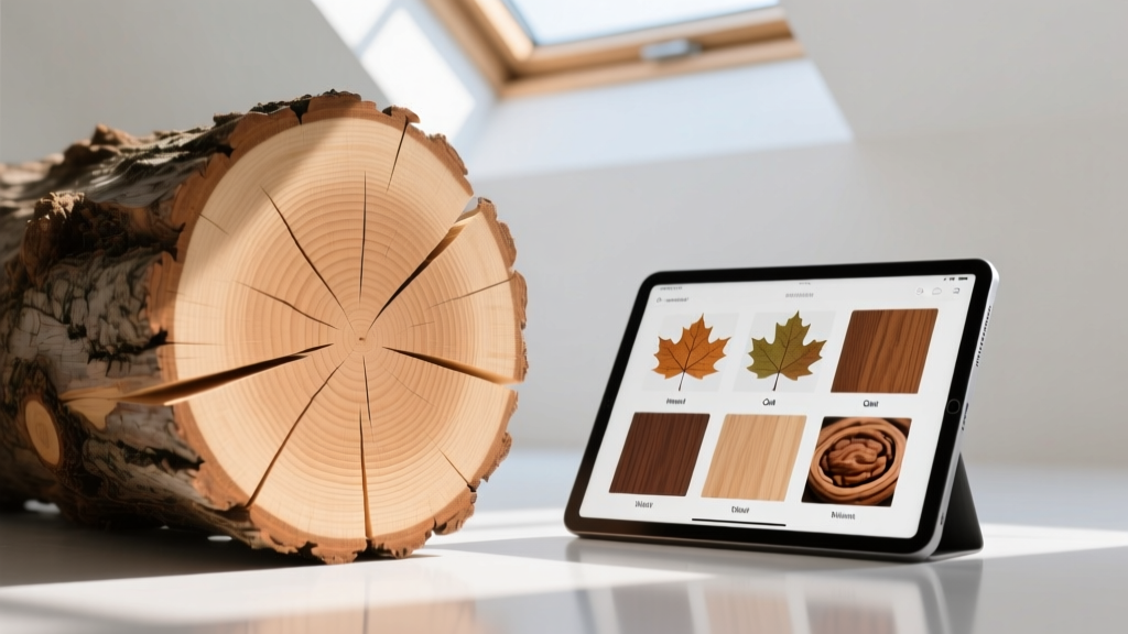 Macro photograph of lumber end-grain showing distinct pores next to a tablet displaying reference wood species imagery on a job site