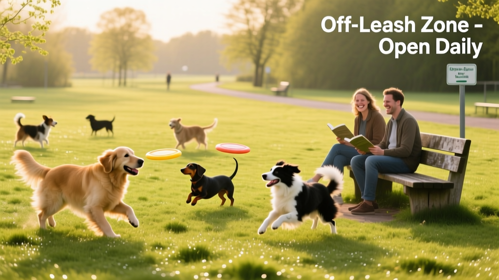 A sunny, spacious dog park in the Netherlands with dogs running on green grass and owners relaxing on benches