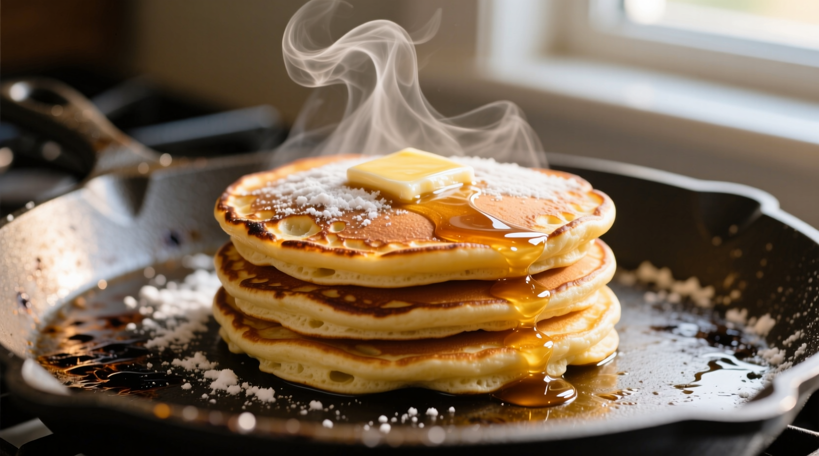 Perfect golden pancakes on griddle with steam rising