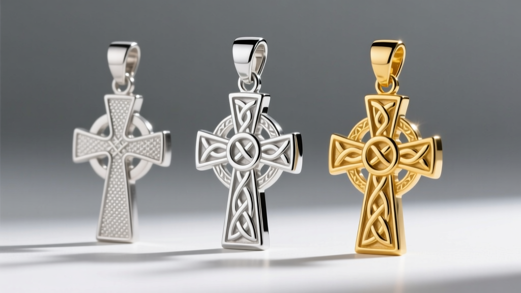 Side profile of three Celtic cross pendants showing different metal finishes: matte Argentium, polished 925 silver, and 14k gold.