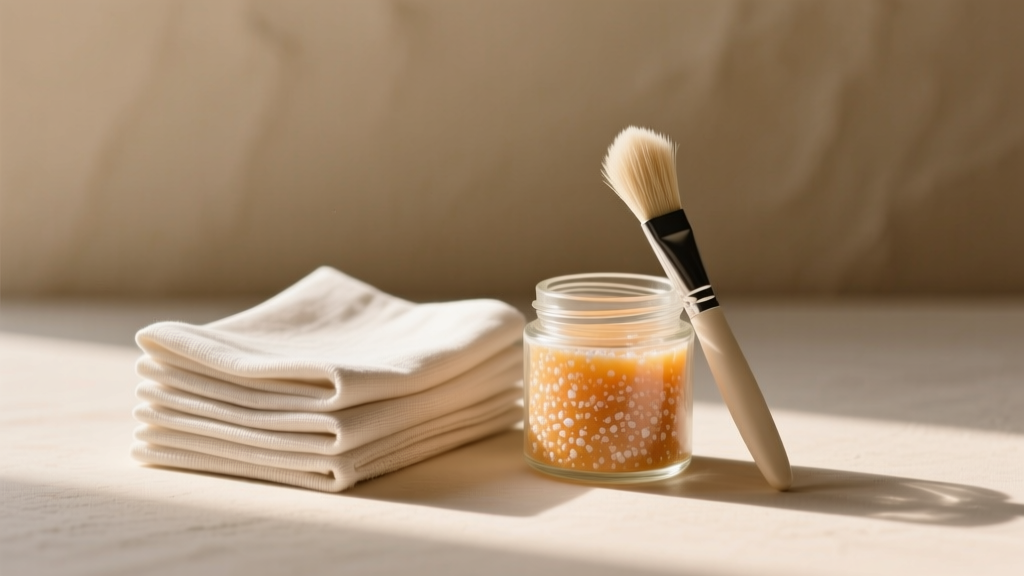 Neatly folded stack of anti-tarnish polishing cloths next to a small glass jar of DIY baking soda paste and a soft bristle brush.
