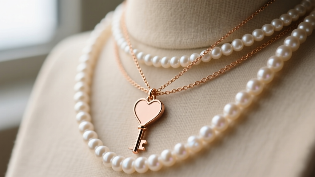 Layered necklace styling featuring a small 18k rose gold heart key pendant on a 16-inch chain paired with a 20-inch pearl strand
