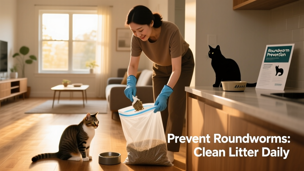 Cat owner wearing gloves while scooping litter into a sealed waste bag