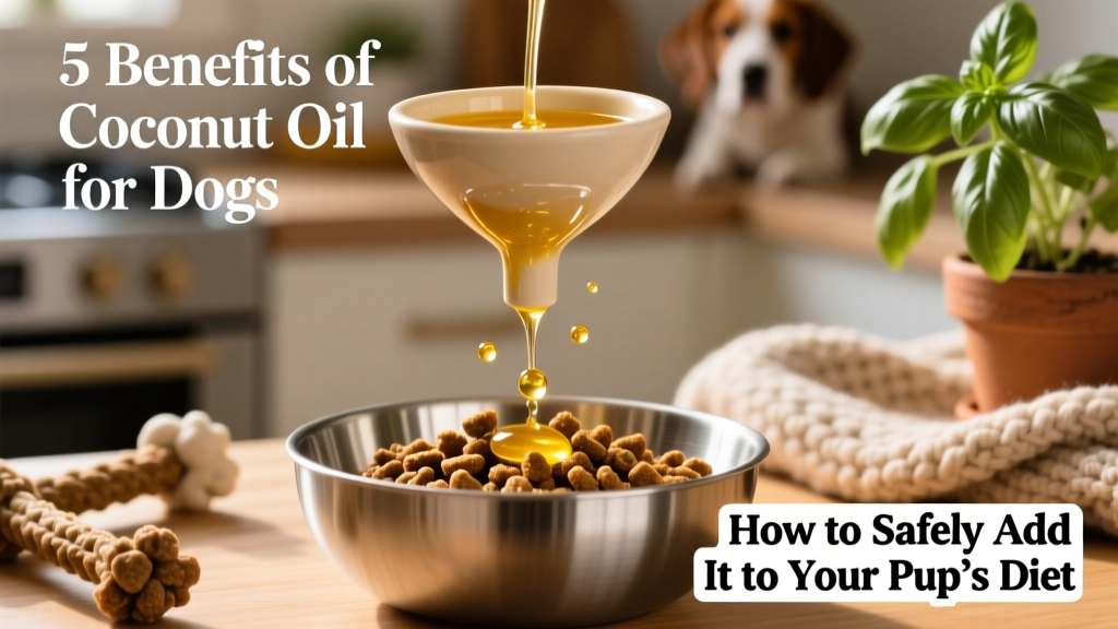 Close-up of organic virgin coconut oil being drizzled over kibble in a stainless-steel bowl
