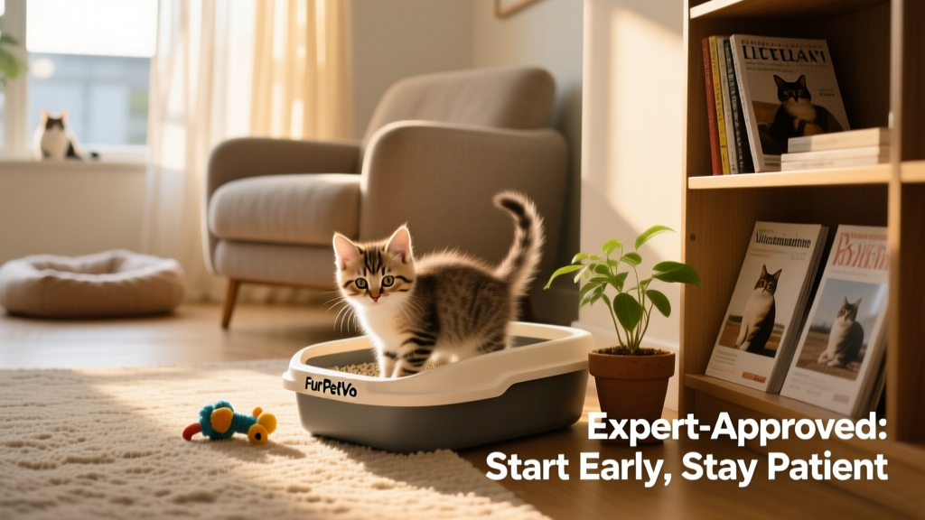 A relaxed 10-week-old kitten calmly using a FurPetVo litter box in a sunlit, quiet corner of a living room