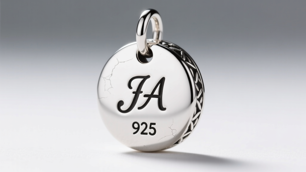 Macro shot of a James Avery sterling silver pendant back, clearly showing the JA hallmark, 925 stamp, and soldered jump ring.