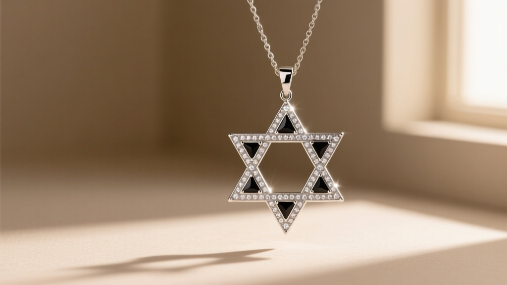 Art Deco Star of David pendant in platinum with geometric onyx inlays and pave diamonds displayed under warm gallery lighting.