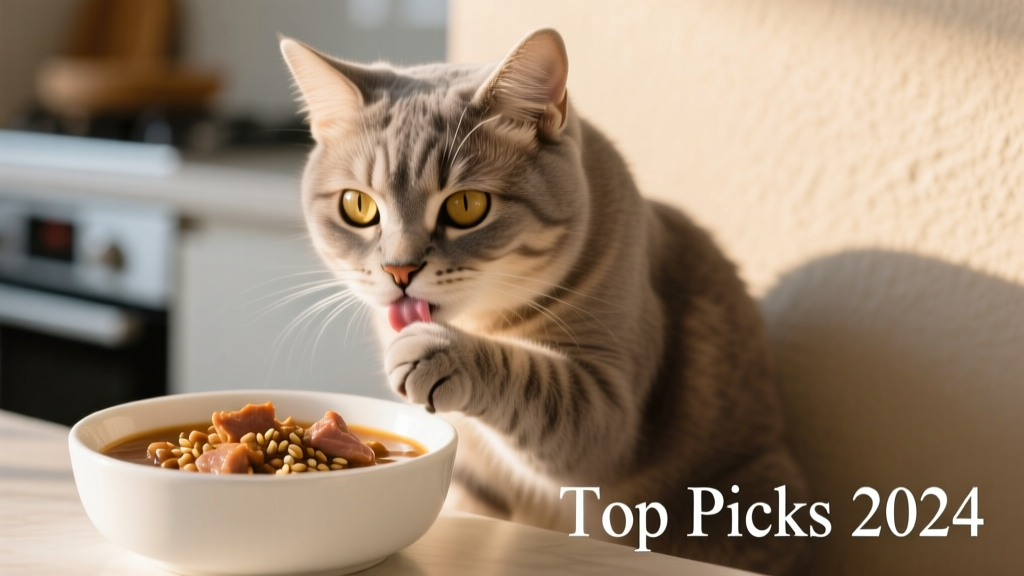 Close-up of a calm, healthy-looking cat gently licking its paw beside a clean ceramic bowl with fresh, high-quality wet food