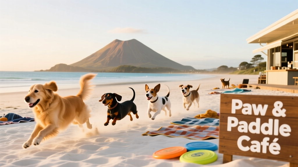 Takapuna Beach in Auckland with dogs playing on white sand and Rangitoto Island visible in the distance