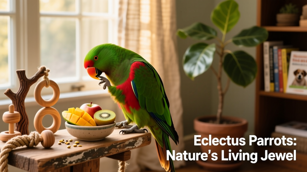 A healthy eclectus parrot preening its glossy feathers under natural light near a window with fresh fruit and wooden toys nearby