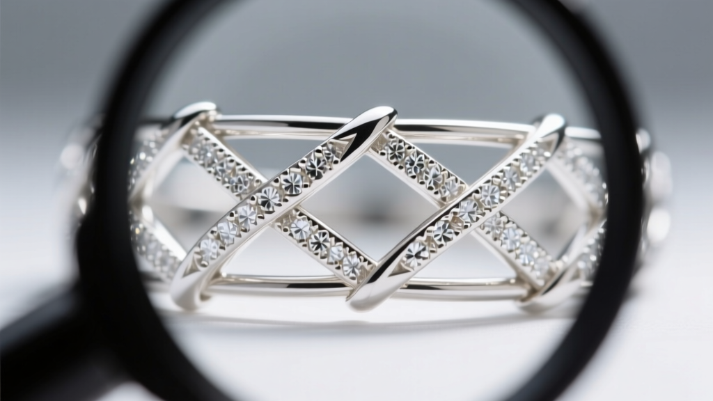 Jewelers loupe view of die-struck white gold filigree wires, showing sharp edges and precise structural joints under bright light
