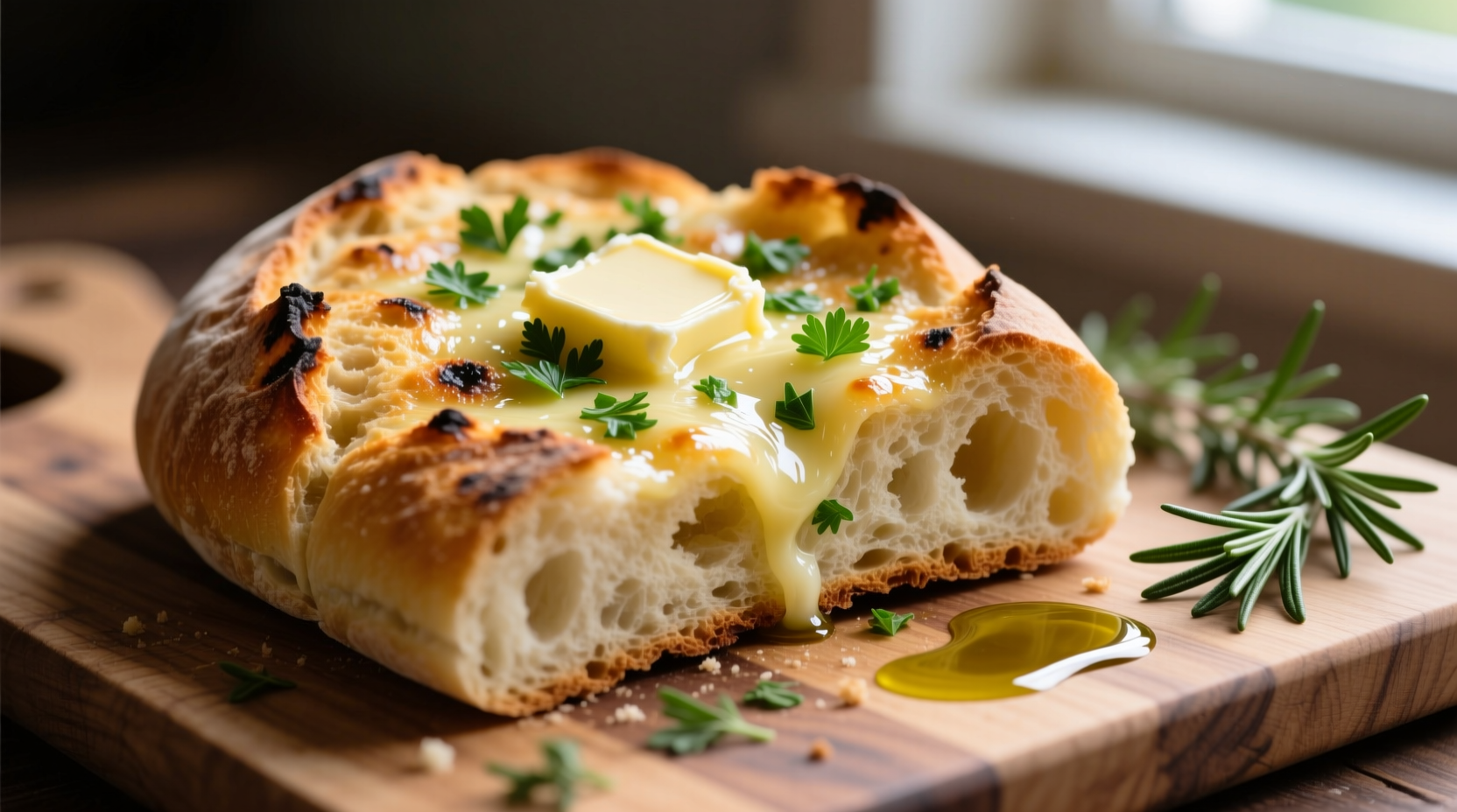 Homemade garlic bread with melted butter and fresh herbs