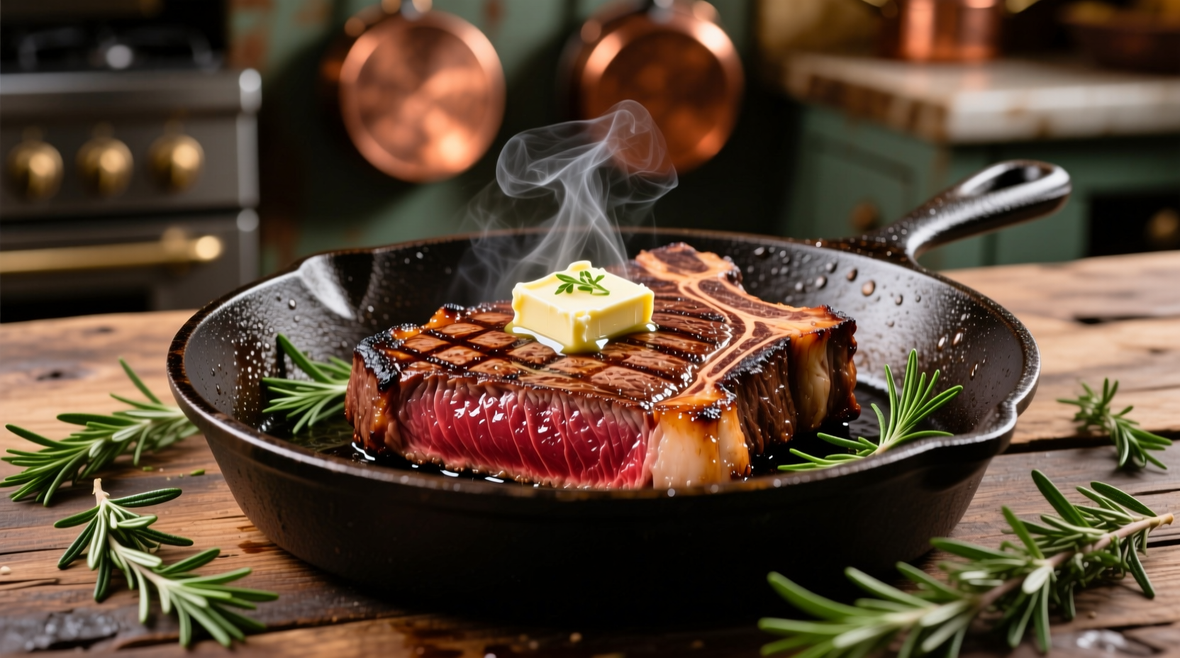 Perfectly seared ribeye steak in cast iron skillet with herb butter