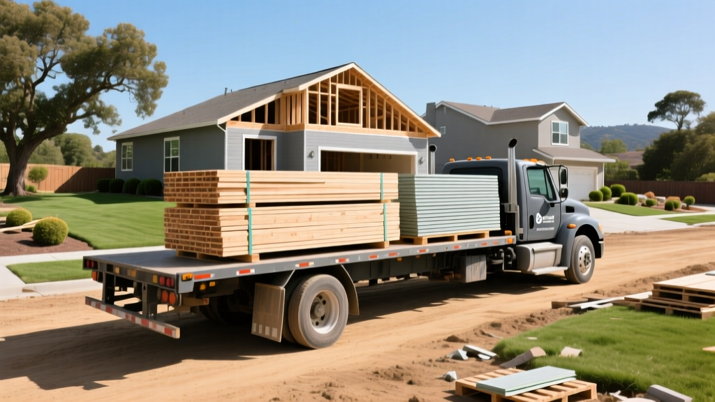 Flatbed truck delivering engineered lumber and fiber cement siding to a residential construction site in Mountain View California