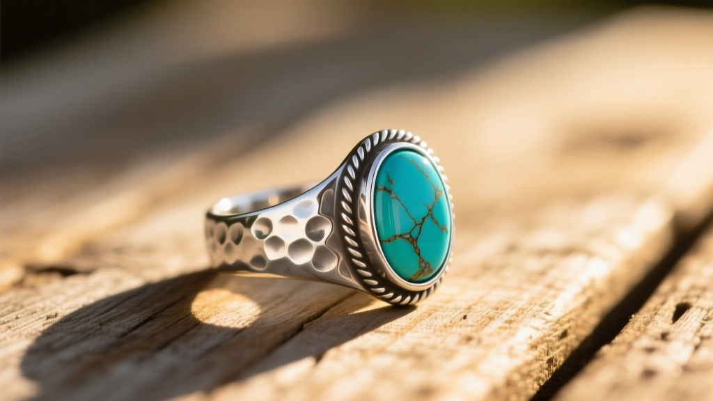 Close-up of a hammered 925 sterling silver hippie ring featuring a genuine turquoise cabochon on a sunlit wooden table