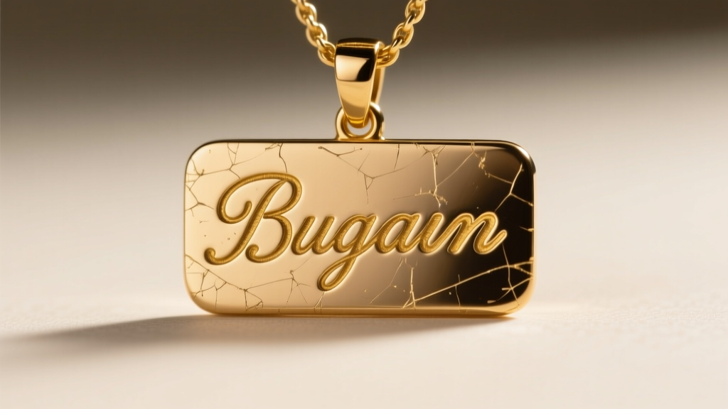 Macro shot of brass base metal exposed through scratched gold plating on a custom cursive nameplate pendant under bright lighting.