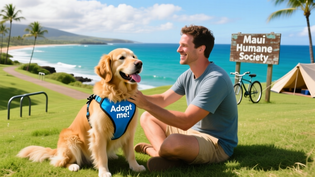 A vacationer sitting on a grassy hill overlooking the ocean, gently petting a relaxed, smiling dog wearing a blue 'Adopt me!' harness