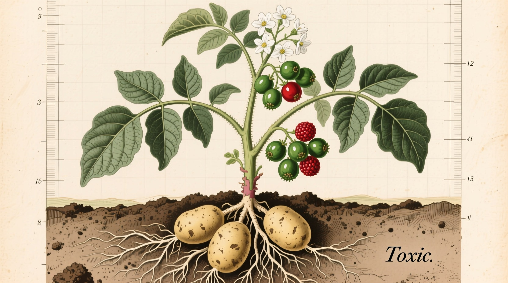 Potato plant showing tubers and toxic berries