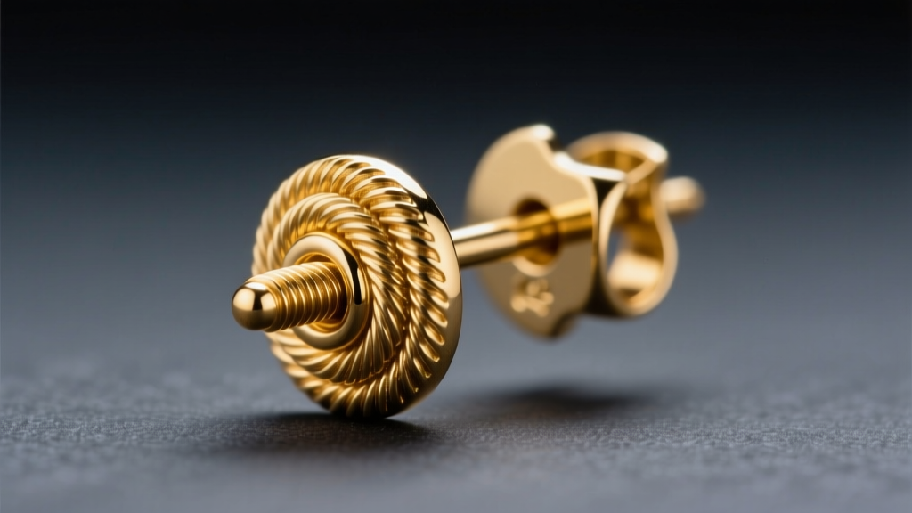 Macro shot of a 14k gold earring with screw back, focusing on precision micro-threads of the post and backing against dark slate.