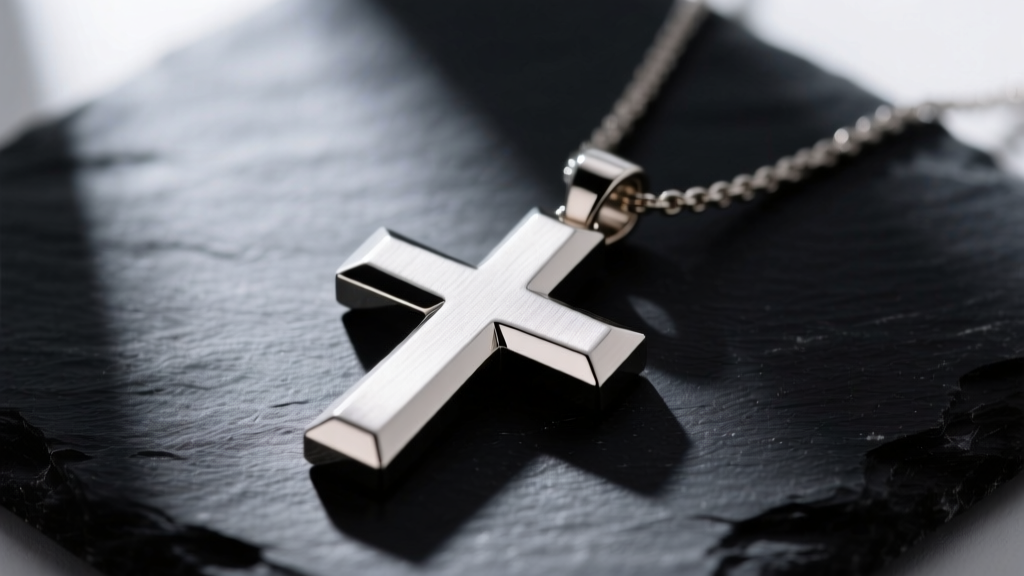 Macro shot of a brushed titanium necklace cross pendant on dark slate, highlighting precise beveled edges and a matte finish