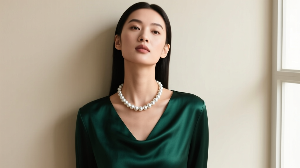 Model posing with an 18-inch silver pearl necklace, chin tilted up, wearing a dark emerald silk top against a neutral beige wall.