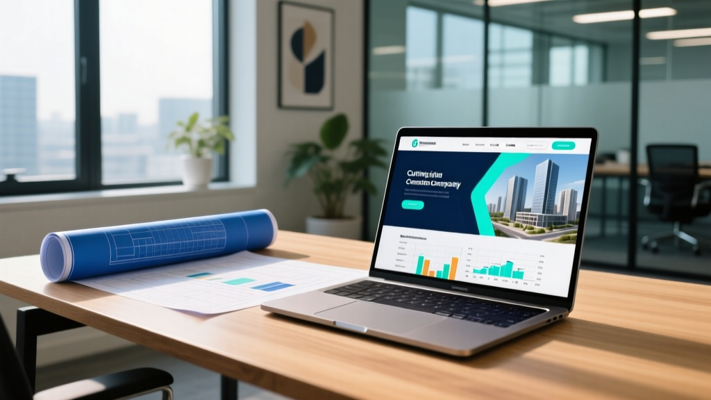 Financial spreadsheet on a desk next to architectural blueprints and a laptop displaying a modern construction company website homepage