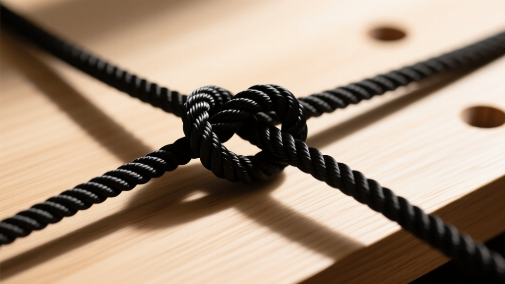 Overhead view of a barrel knot tightened around black nylon cord, showing loops clearly on a wooden jewelry workbench surface.