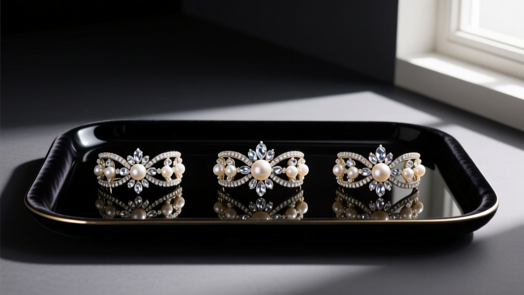 Velvet tray displaying three Joan Rivers modular enhancers with rhinestone and faux pearl accents against a dark background.