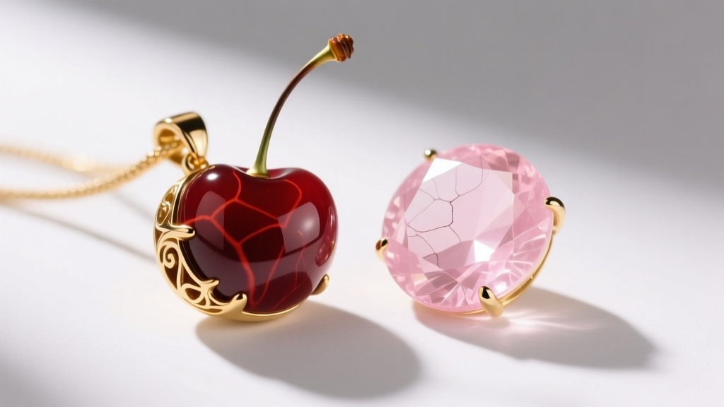 Carved carnelian cherry pendant beside translucent cherry quartz, both in gold, lit by soft warm light on a clean white background