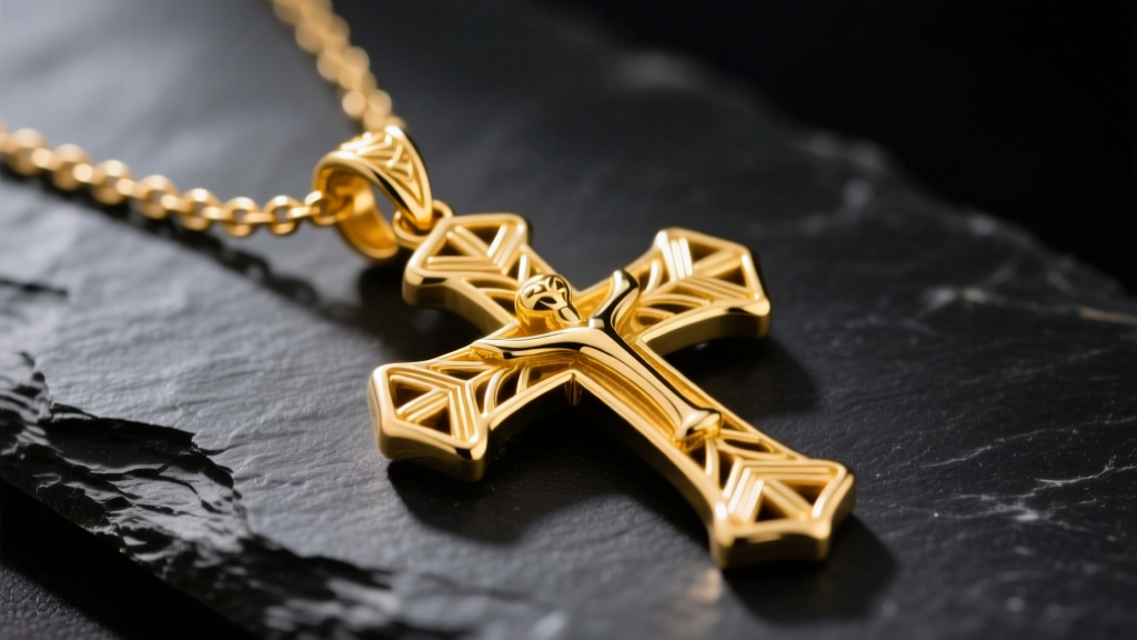 Macro shot of a solid 18k yellow gold Egyptian cross necklace on dark slate, highlighting the intricate loop and shaft details.