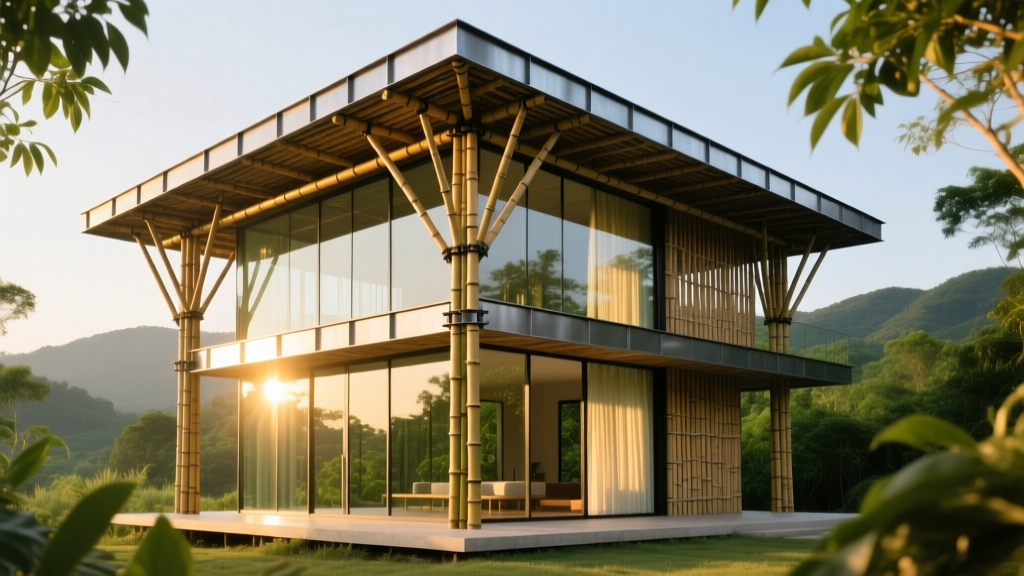 Modern two-story pavilion featuring exposed Guadua bamboo trusses joined with steel flitch plates and expansive glass curtain walls